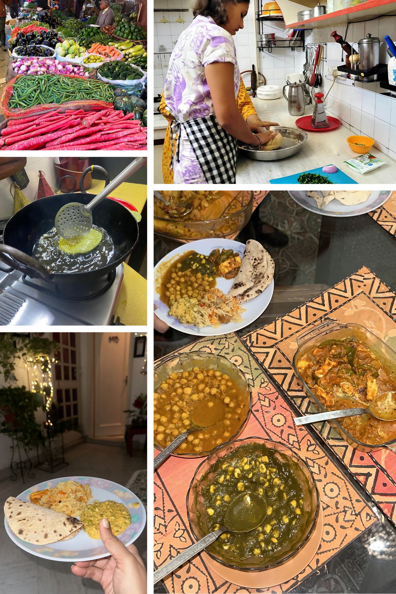 A collage showcasing the steps of a traditional Indian culinary journey, featuring vibrant market scenes, hands-on cooking, and beautifully presented dishes, all part of authentic culinary courses in Delhi.