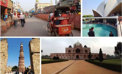 Collage of Delhi's highlights, including bustling streets, the Lotus Temple, Qutub Minar, and Humayun's Tomb, showcasing the blend of modernity and history.