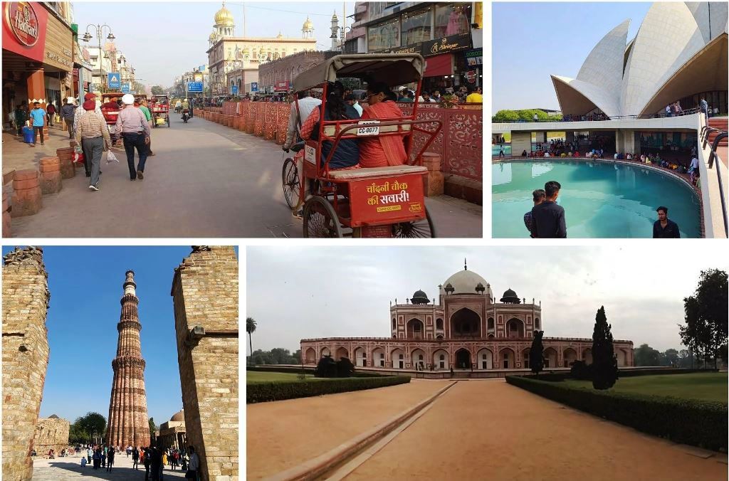 Collage of Delhi's highlights, including bustling streets, the Lotus Temple, Qutub Minar, and Humayun's Tomb, showcasing the blend of modernity and history.