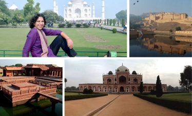 Collage of a woman at the Taj Mahal with images of Amber Fort and Humayun's Tomb, highlighting the Golden Triangle Tour.