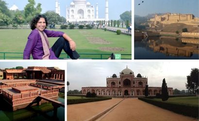 Collage of a woman at the Taj Mahal with images of Amber Fort and Humayun's Tomb, highlighting the Golden Triangle Tour.