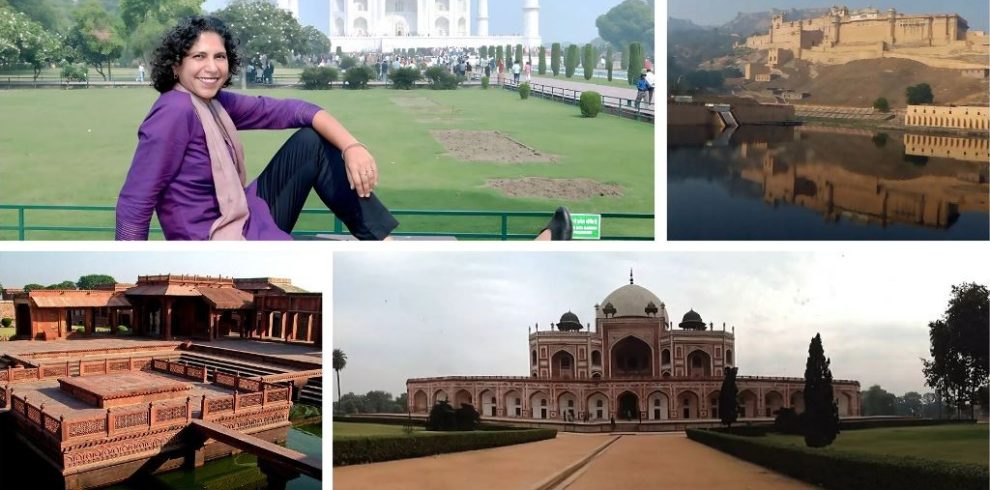 Collage of a woman at the Taj Mahal with images of Amber Fort and Humayun's Tomb, highlighting the Golden Triangle Tour.