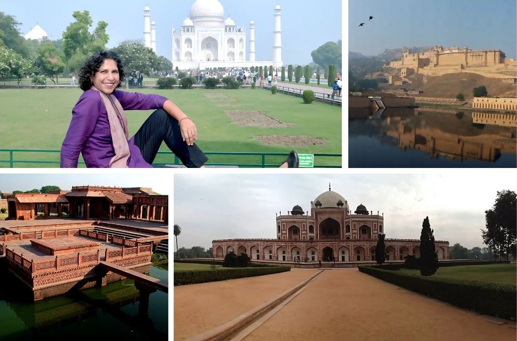 Collage of a woman at the Taj Mahal with images of Amber Fort and Humayun's Tomb, highlighting the Golden Triangle Tour.