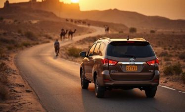 Artist's depiction of a brown SUV driving through the desert at sunset, symbolizing a Rajasthan tour by car and driver.