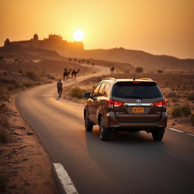 Artist's depiction of a brown SUV driving through the desert at sunset, symbolizing a Rajasthan tour by car and driver.