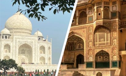 Taj Mahal and Amber Fort's architecture juxtaposed, showcasing India’s rich history and diverse styles.